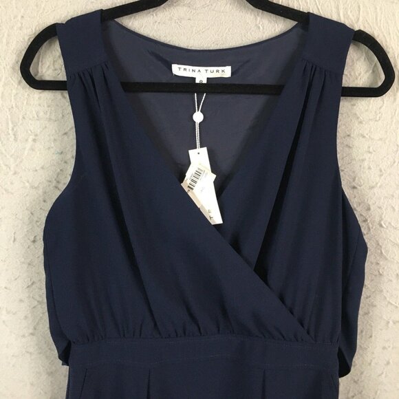 Trina Turk Dress Women 8 Navy Blue Crossover Cape Back V Neck Sassy Fun NEW - Picture 3 of 16